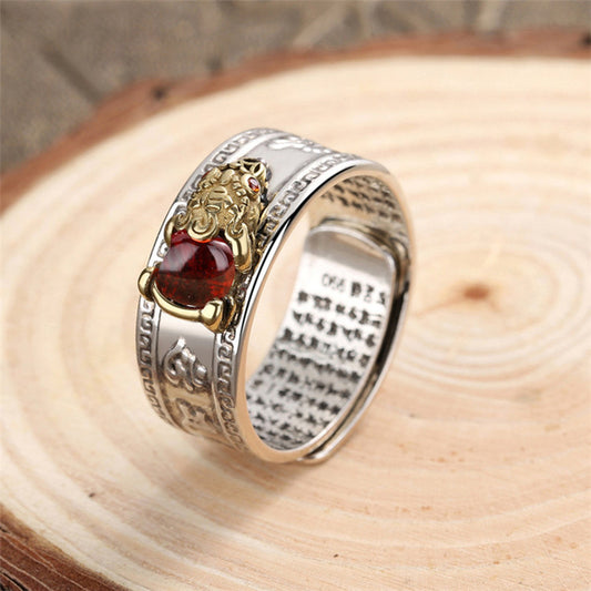 Feng Shui Lucky Pixiu Wealth Ring with Red Garnet Stone | Adjustable for Ring Size 8 -12