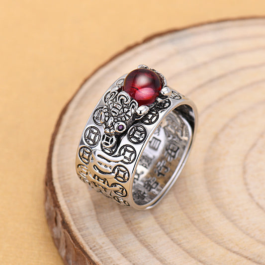 Feng Shui Pixiu Mantra Red Garnet Stone Ring