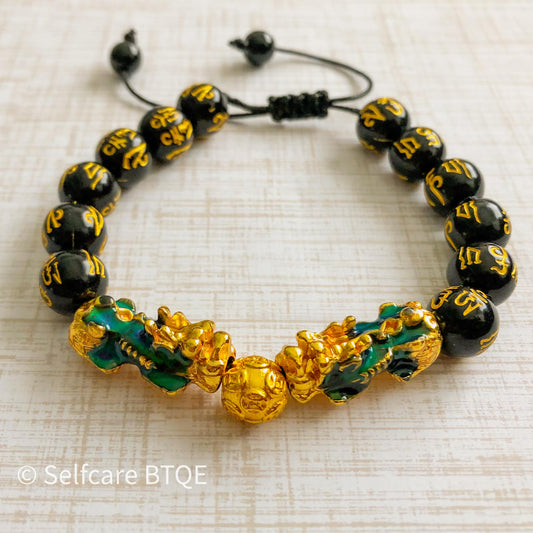 Feng Shui Double Wealth Color-Changing Pixui Adjustable Bracelet with Four Gold Chinese Good Luck Symbols