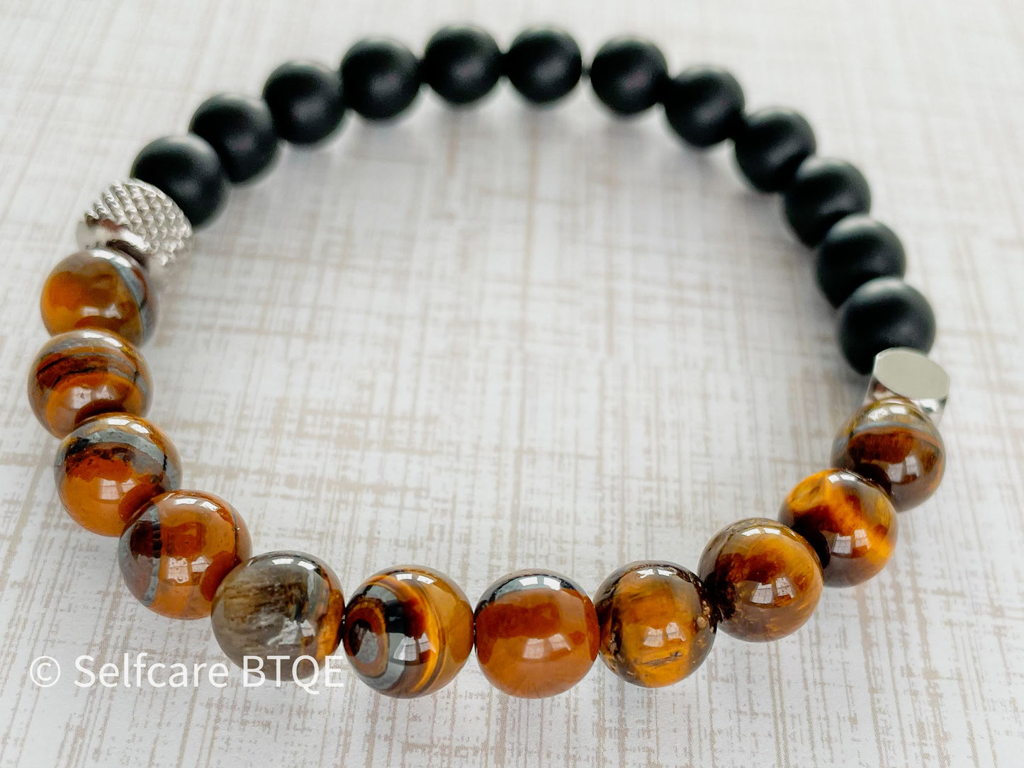 Tiger’s Eye and Frosted Black Agate Stone Bracelet |8mm