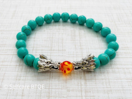 Dragon Bracelet Turquoise Stone & Amber Resin Dragon Head Beads