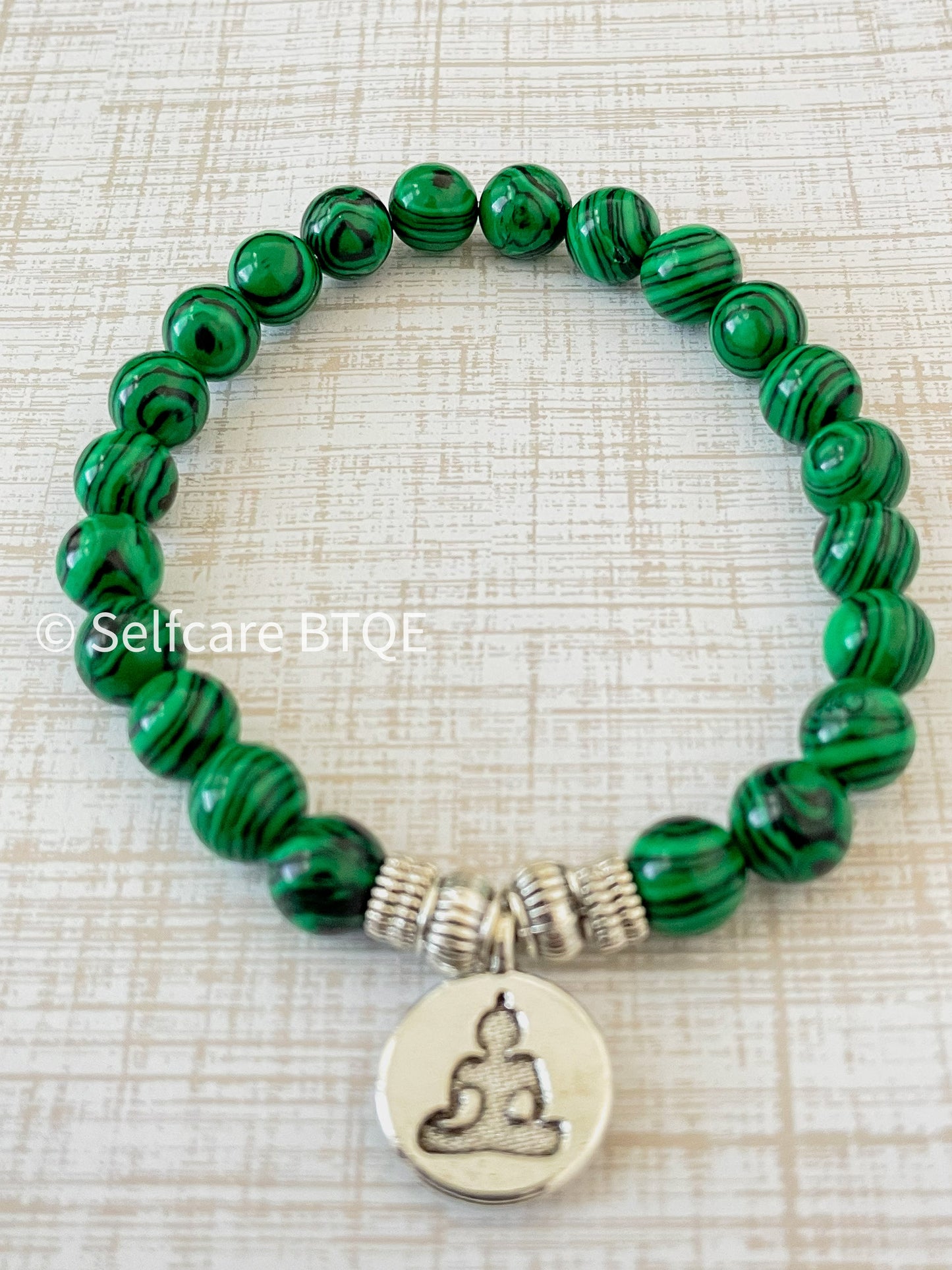The Verdant Vision: Natural Malachite & Silver Buddha Charm Bracelet