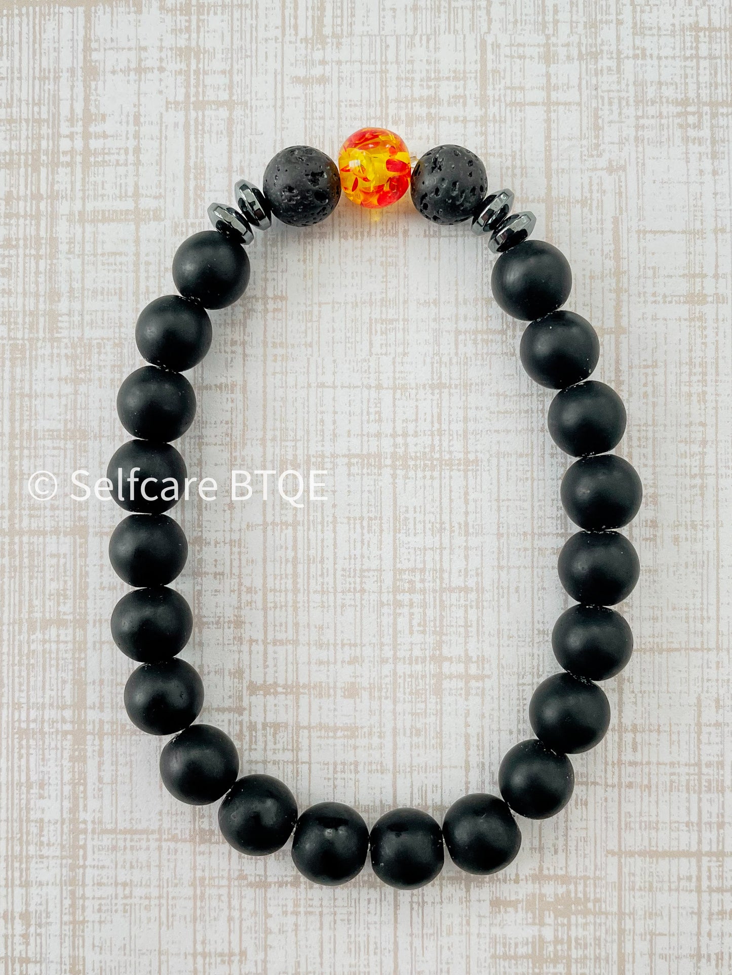 Amber Resin & Black Lava Stone Beaded Bracelet