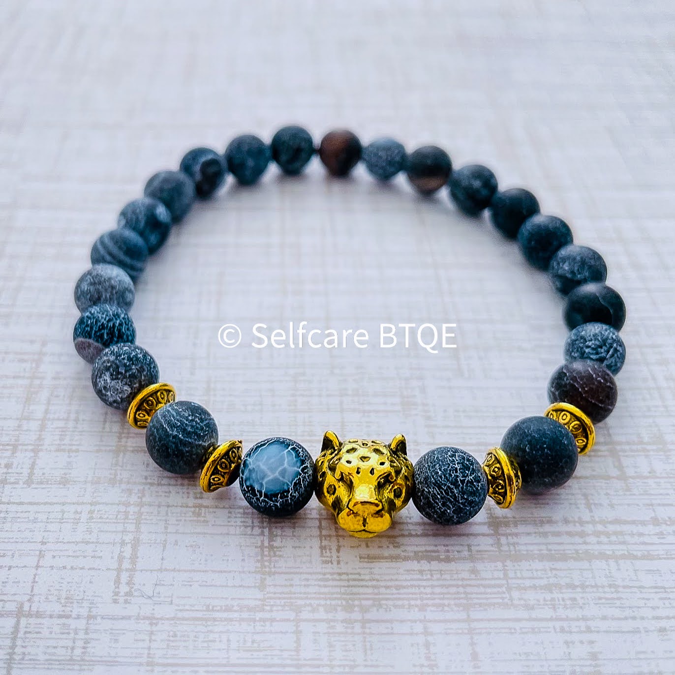 Tibetan Leopard with Dark Blue Weathered Agate Stones | 8mm
