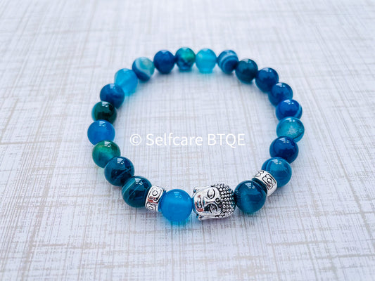 Buddha Head Bracelet in Majestic Blue Banded Agate Stones | 8 mm