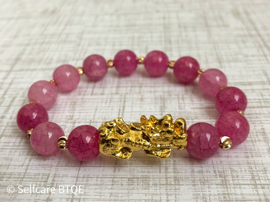 Pink Jade Feng Shui Wealth Good Luck Pixiu Bracelet
