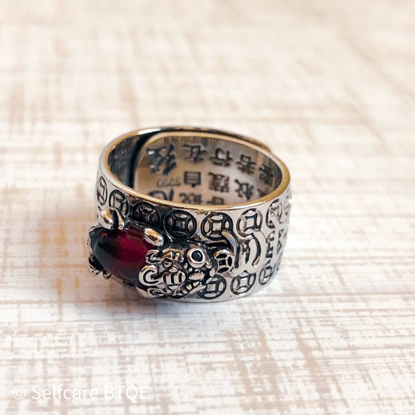 Feng Shui Pixiu Mantra Red Garnet Stone Ring