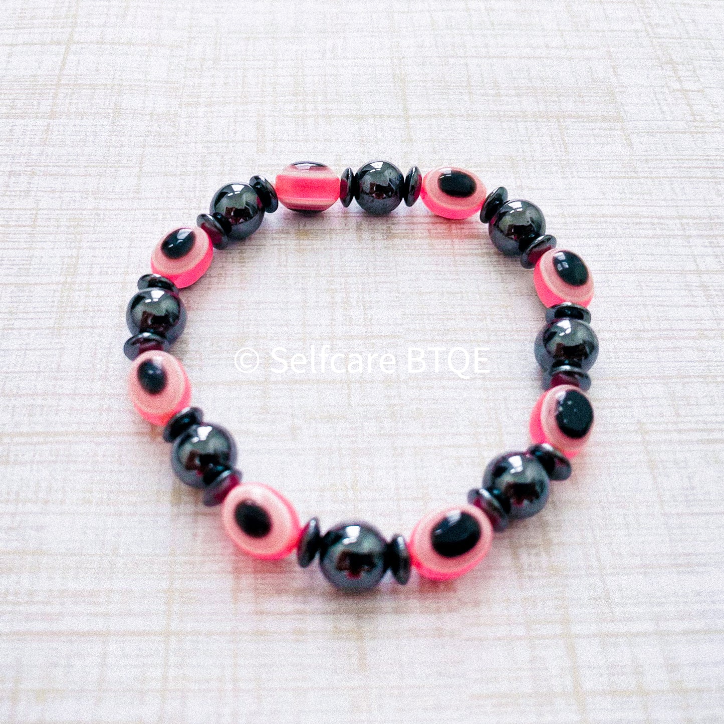 Pink Evil Eye and Hematite Beaded Bracelet | 8mm
