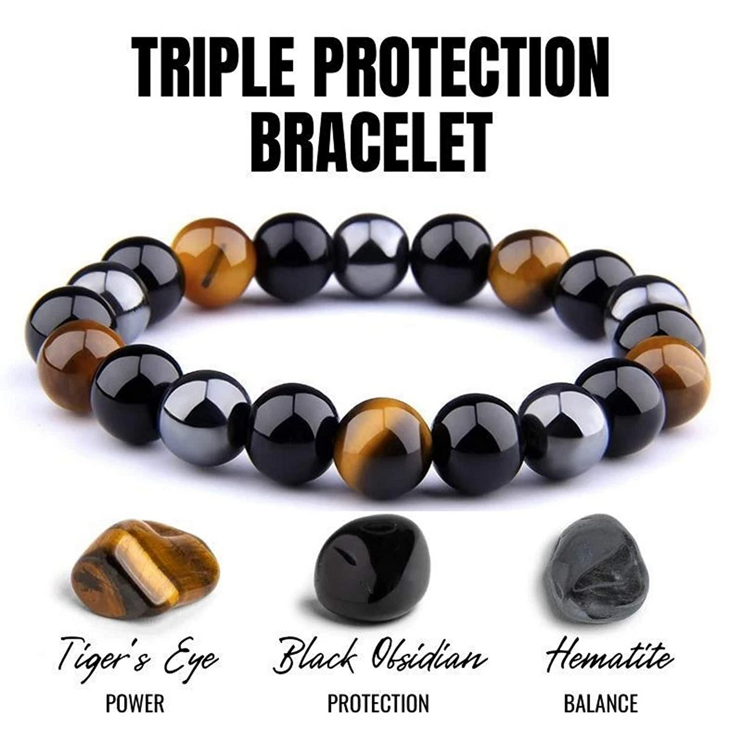 Triple Protection Bracelet - Double Layer with Yellow Tiger's Eye, Hematite and Black Onyx Stones | Mens | Womens | 8mm