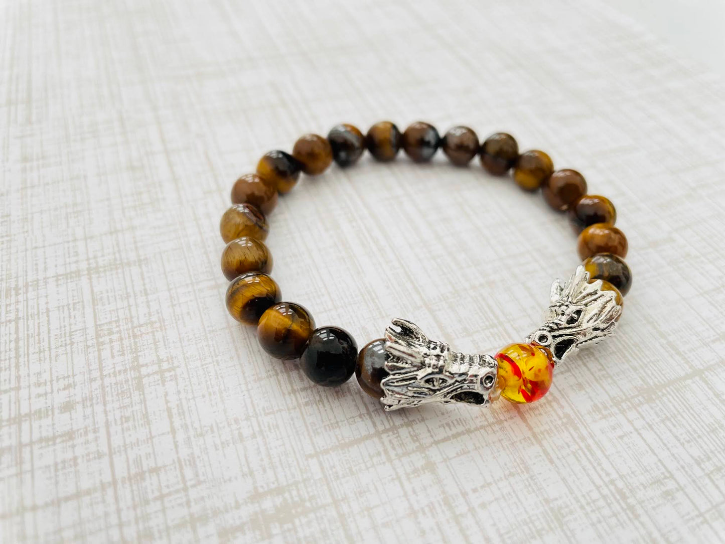 Dragon's Wisdom Amulet in Tiger's eye Stones with Amber Resin Bead |8mm