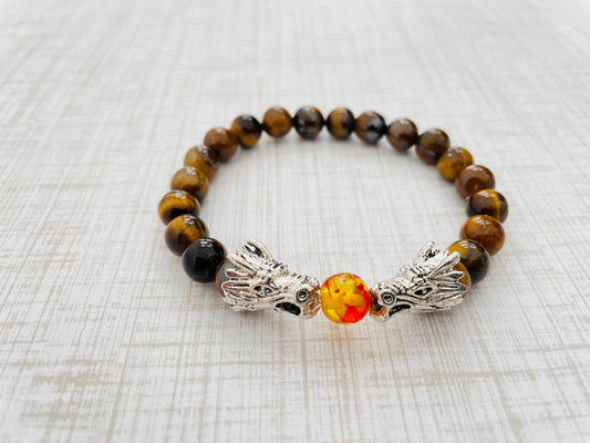 Dragon's Wisdom Amulet in Tiger's eye Stones with Amber Resin Bead |8mm