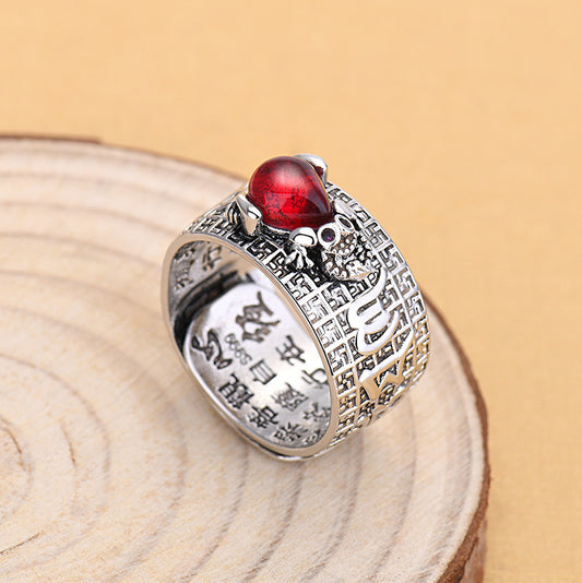 Feng Shui Pixiu Mantra Red Garnet Stone Ring
