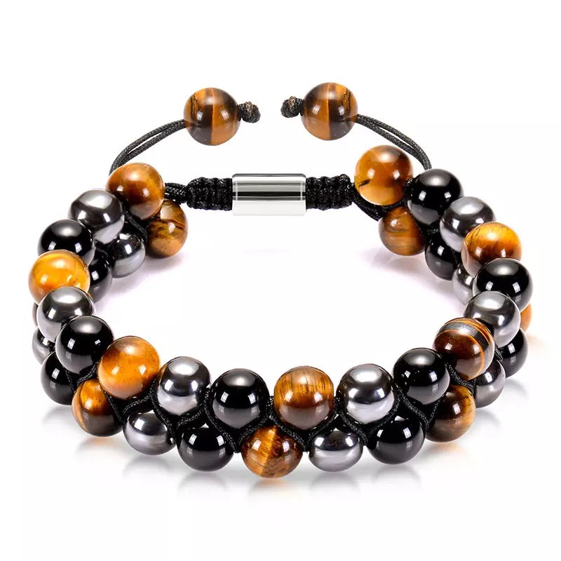 Triple Protection Bracelet - Double Layer with Yellow Tiger's Eye, Hematite and Black Onyx Stones | Mens | Womens | 8mm