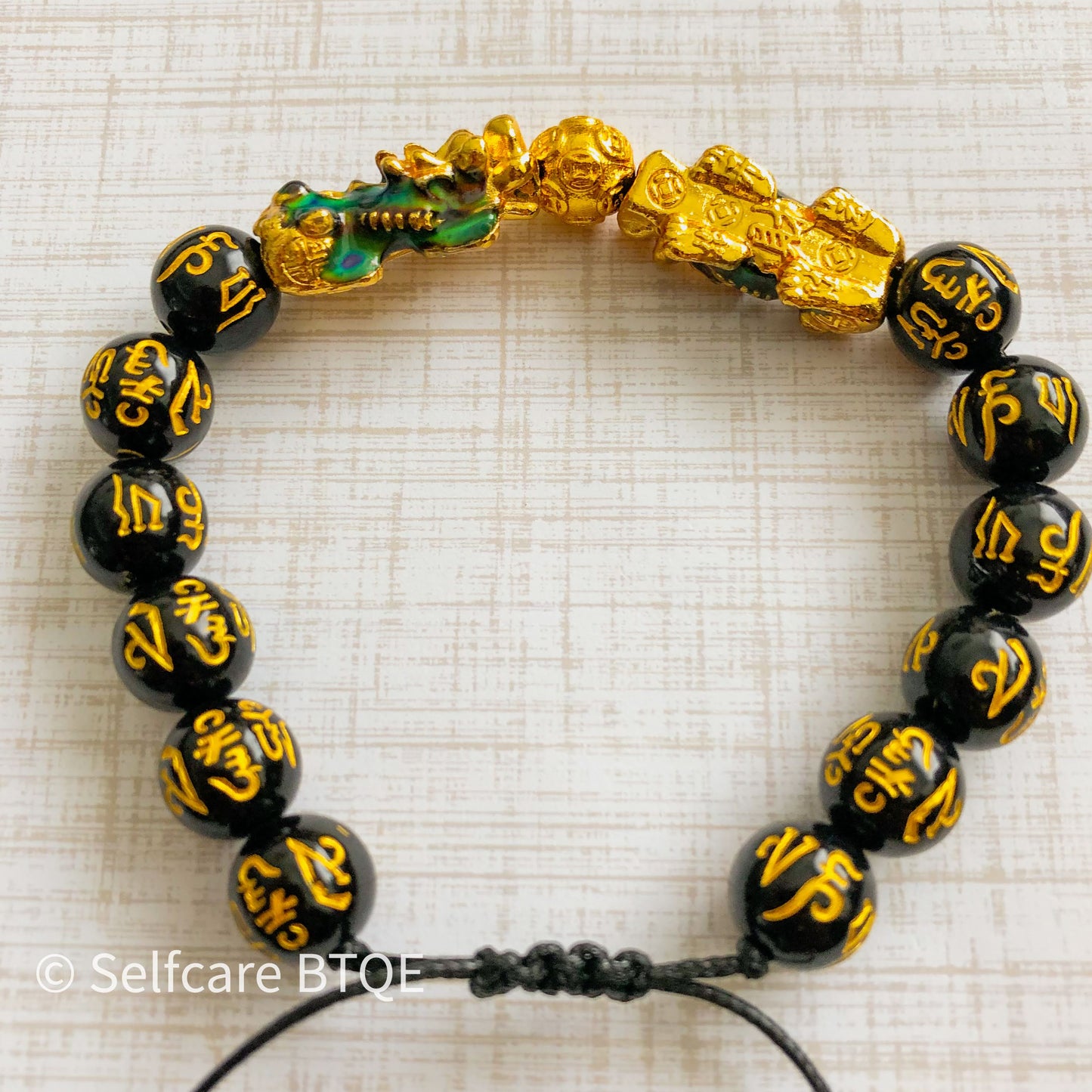 Feng Shui Double Wealth Color-Changing Pixui Adjustable Bracelet with Four Gold Chinese Good Luck Symbols