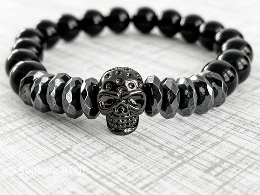 Skull Bracelet with Hematite & Frosted Black Agate Stones