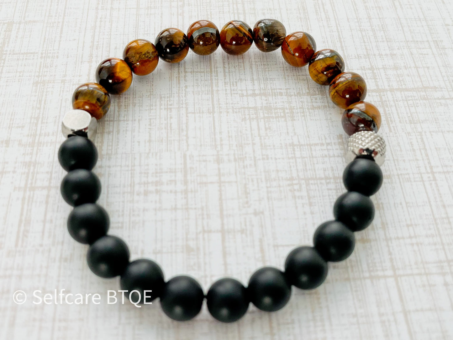 Tiger’s Eye and Frosted Black Agate Stone Bracelet |8mm
