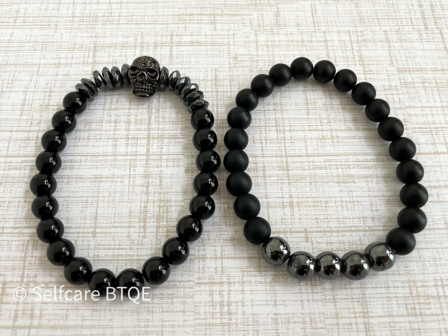 Skull Bracelet with Hematite & Frosted Black Agate Stones