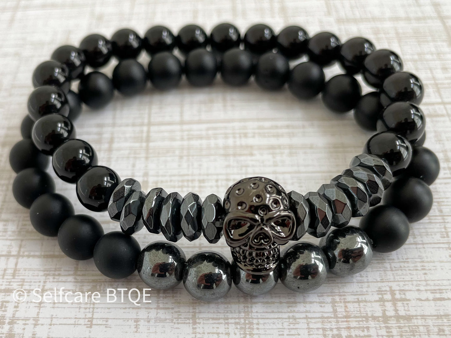 Skull Bracelet with Hematite & Frosted Black Agate Stones