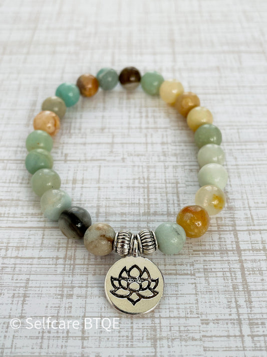 Amazonite Beaded Bracelet with Lotus Charm | 8mm