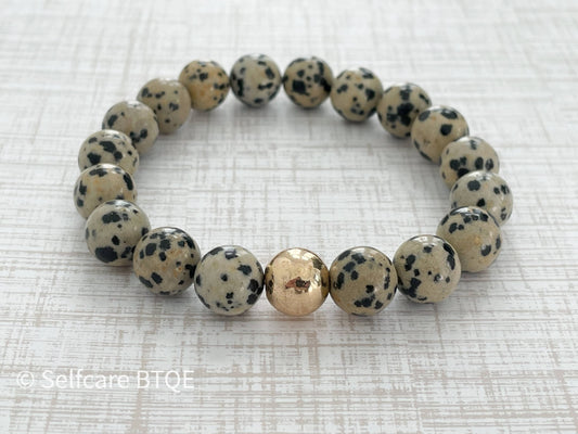 Dalmatian Jasper with Gold Hammered Stud Bracelet |10mm