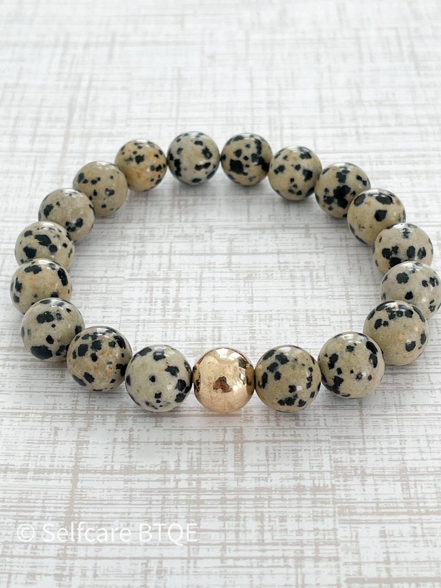 Dalmatian Jasper with Gold Hammered Stud Bracelet |10mm