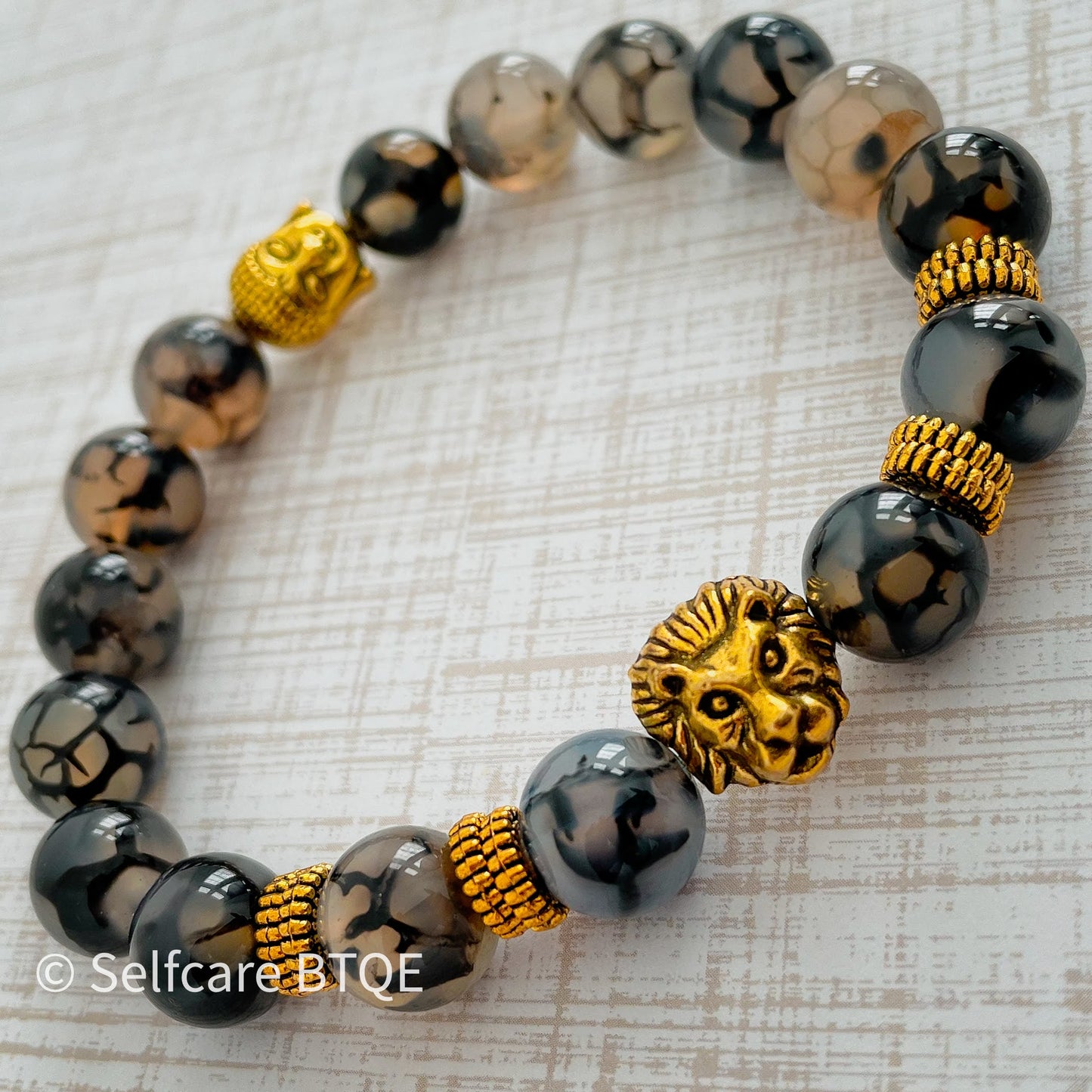 Lion & Buddha Bracelet with Black Agate Stones |10mm