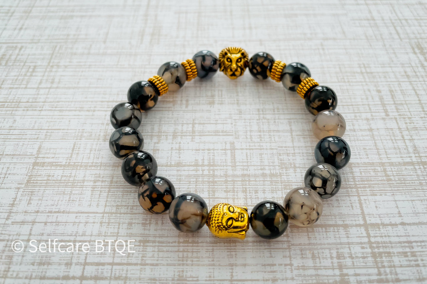 Lion & Buddha Bracelet with Black Agate Stones |10mm