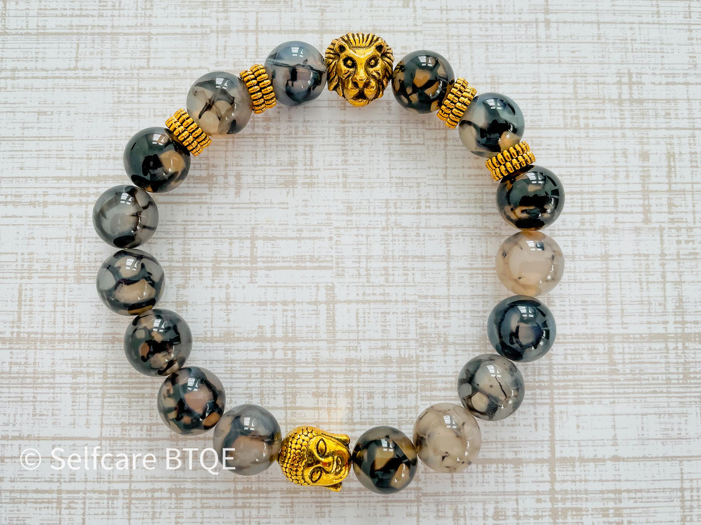 Lion & Buddha Bracelet with Black Agate Stones |10mm