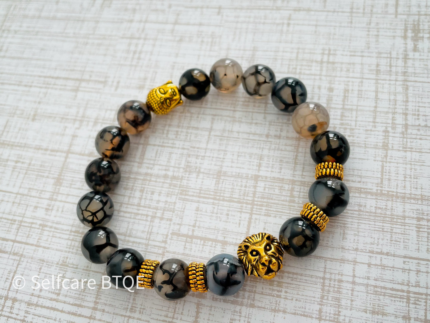 Lion & Buddha Bracelet with Black Agate Stones |10mm
