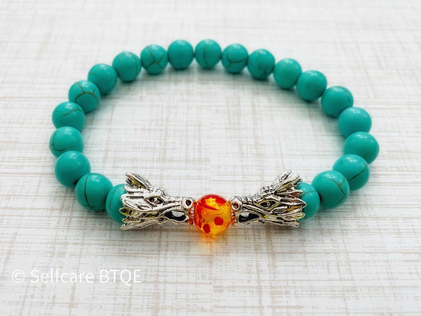 Dragon Bracelet Turquoise Stone & Amber Resin Dragon Head Beads