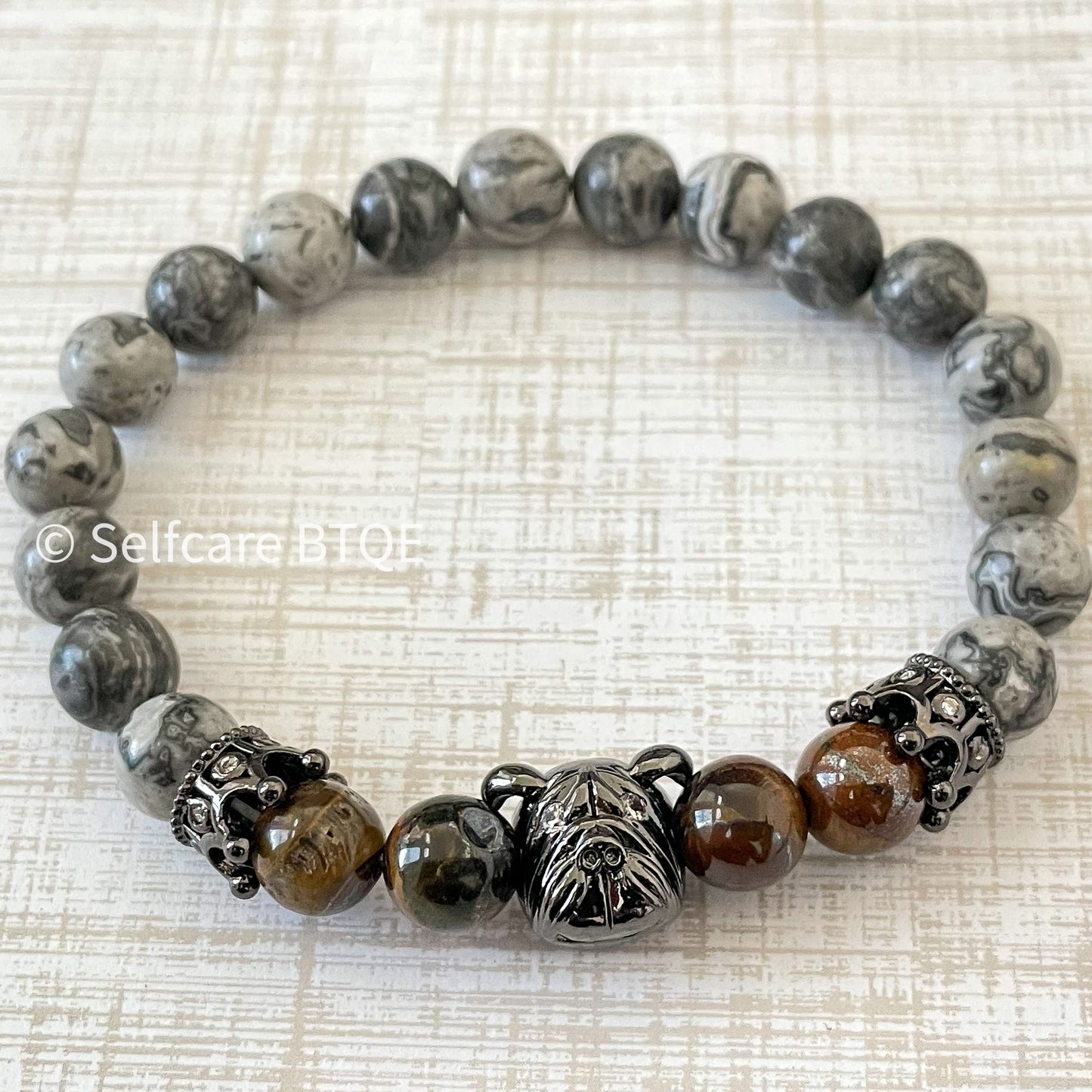 Dog Bracelet | Gray Agate & Tiger Eye Beads |8mm