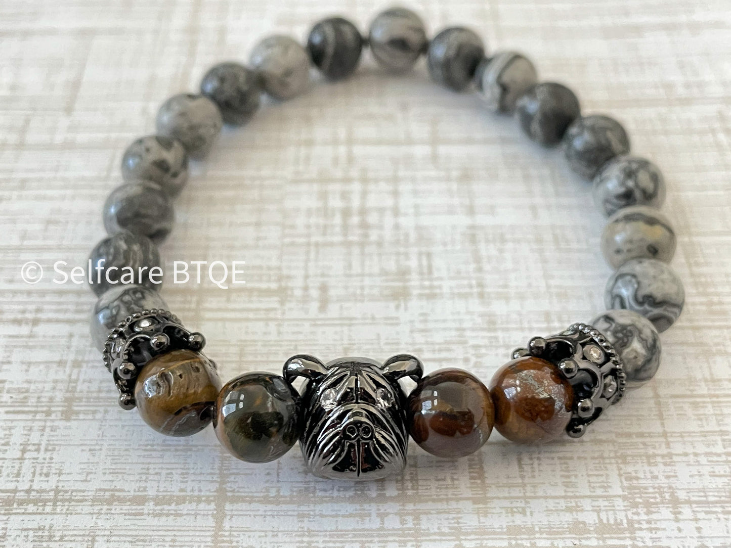 Dog Bracelet | Gray Agate & Tiger Eye Beads |8mm