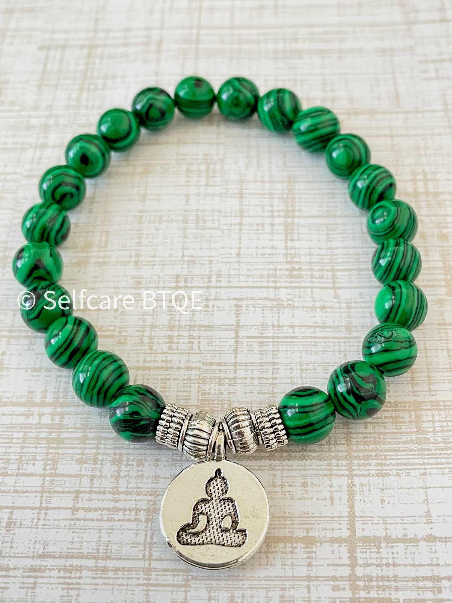 The Verdant Vision: Natural Malachite & Silver Buddha Charm Bracelet