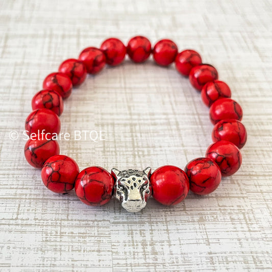Leopard Head Charm Bracelet with Red Turquoise Stones
