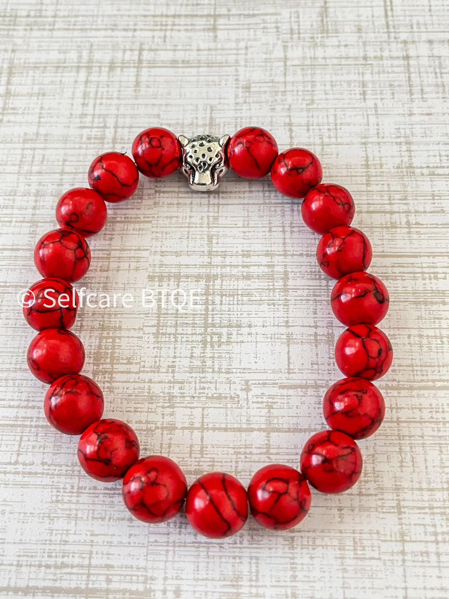 Leopard Head Charm Bracelet with Red Turquoise Stones
