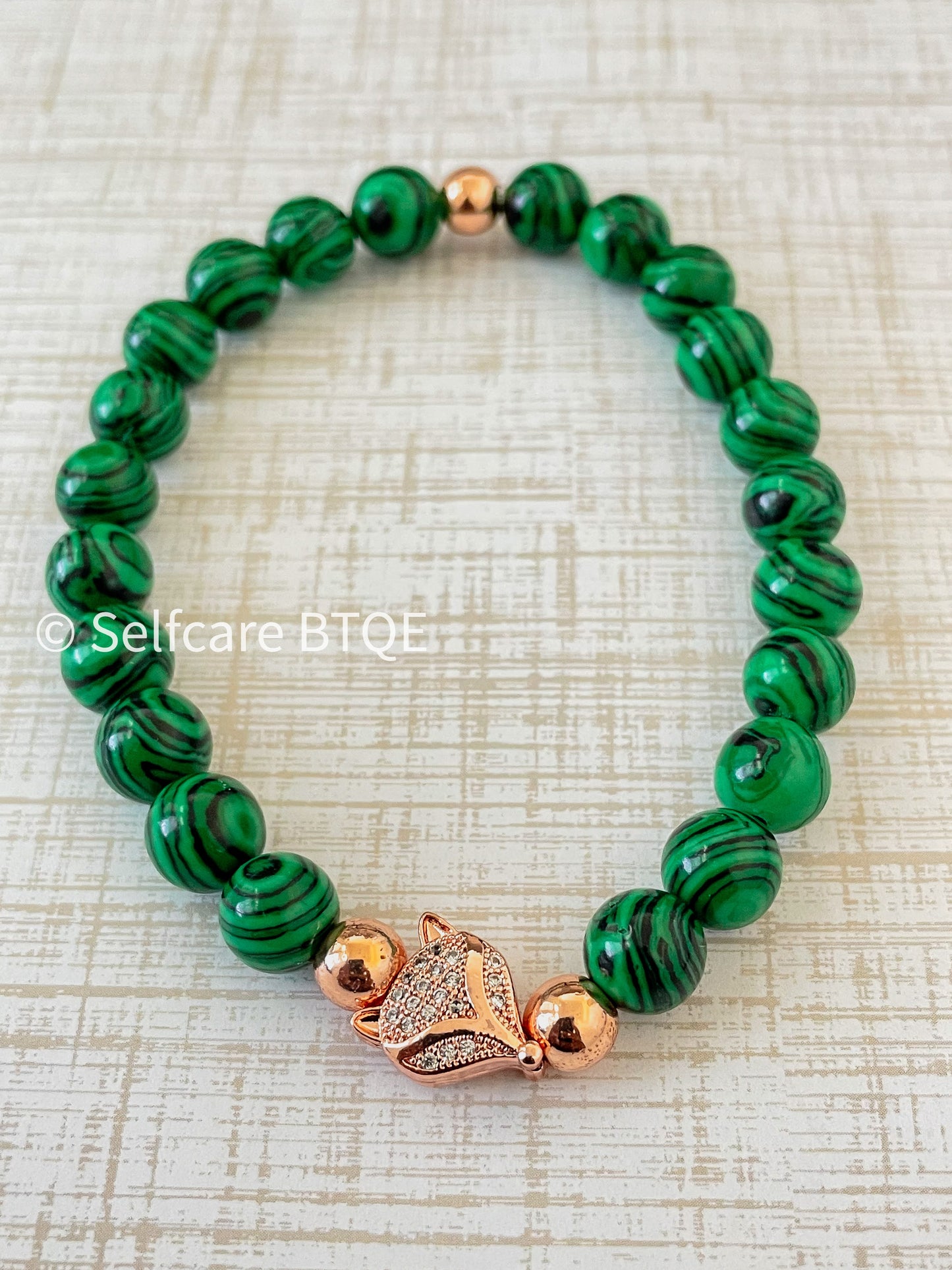 Malachite Bracelet with Rose Gold Fox Charm | 8mm