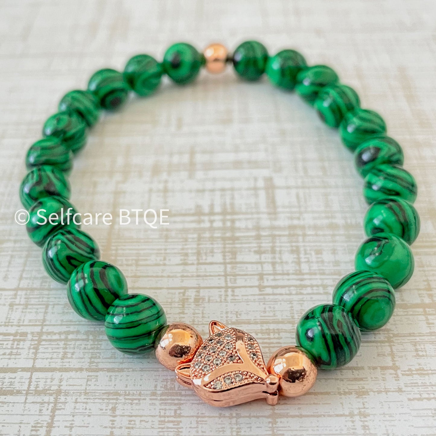 Malachite Bracelet with Rose Gold Fox Charm | 8mm