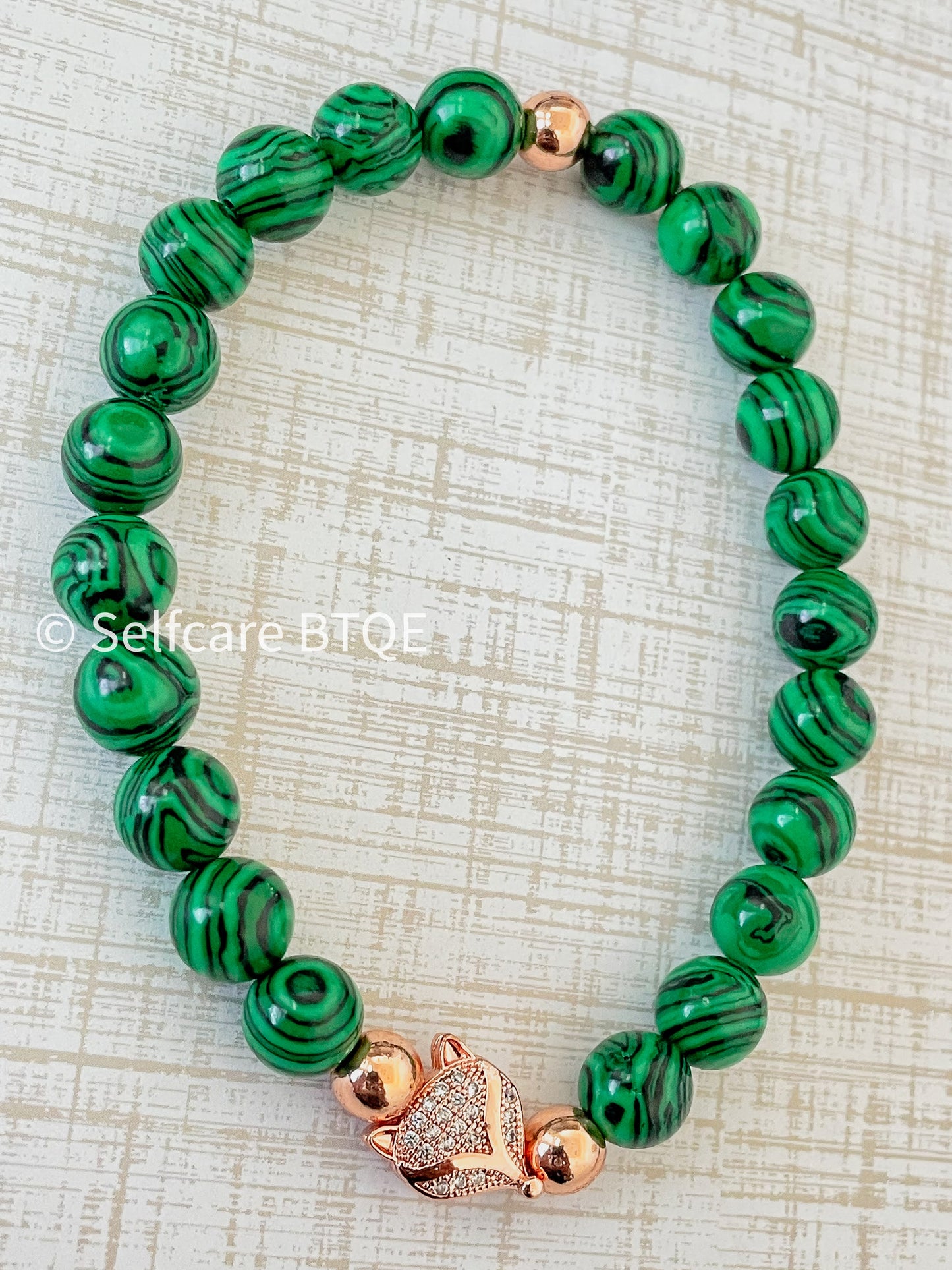 Malachite Bracelet with Rose Gold Fox Charm | 8mm