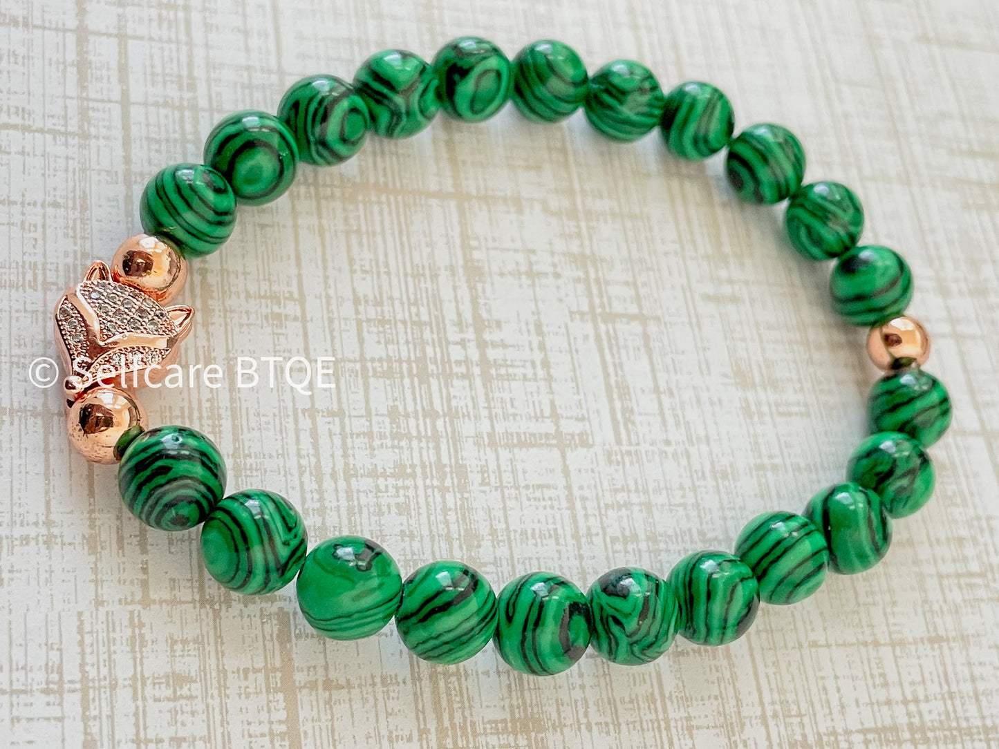 Malachite Bracelet with Rose Gold Fox Charm | 8mm