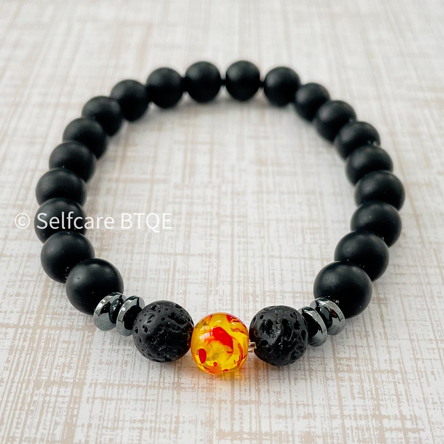 Amber Resin & Black Lava Stone Beaded Bracelet