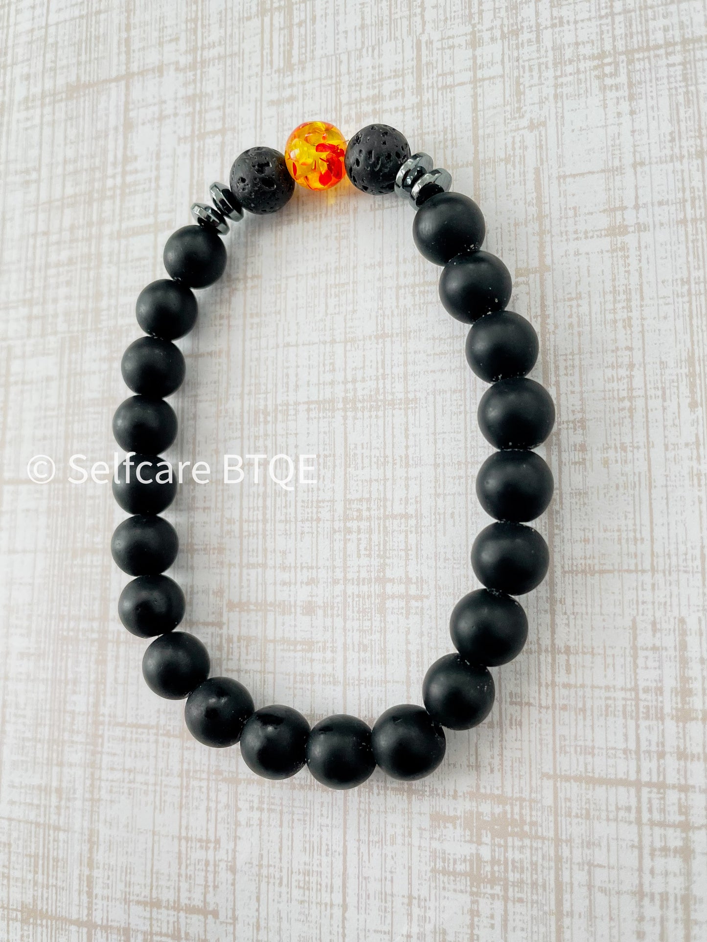 Amber Resin & Black Lava Stone Beaded Bracelet