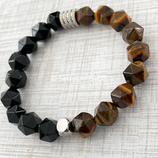 Tiger's Eye and Onyx Geometric Stones Bracelet| Mens | Women | 8mm