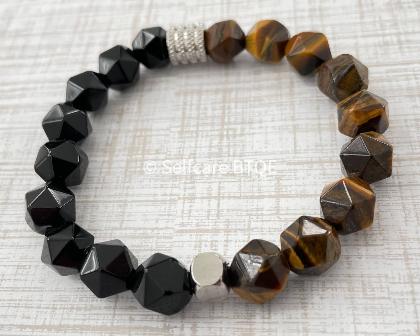 Tiger's Eye and Onyx Geometric Stones Bracelet| Mens | Women | 8mm