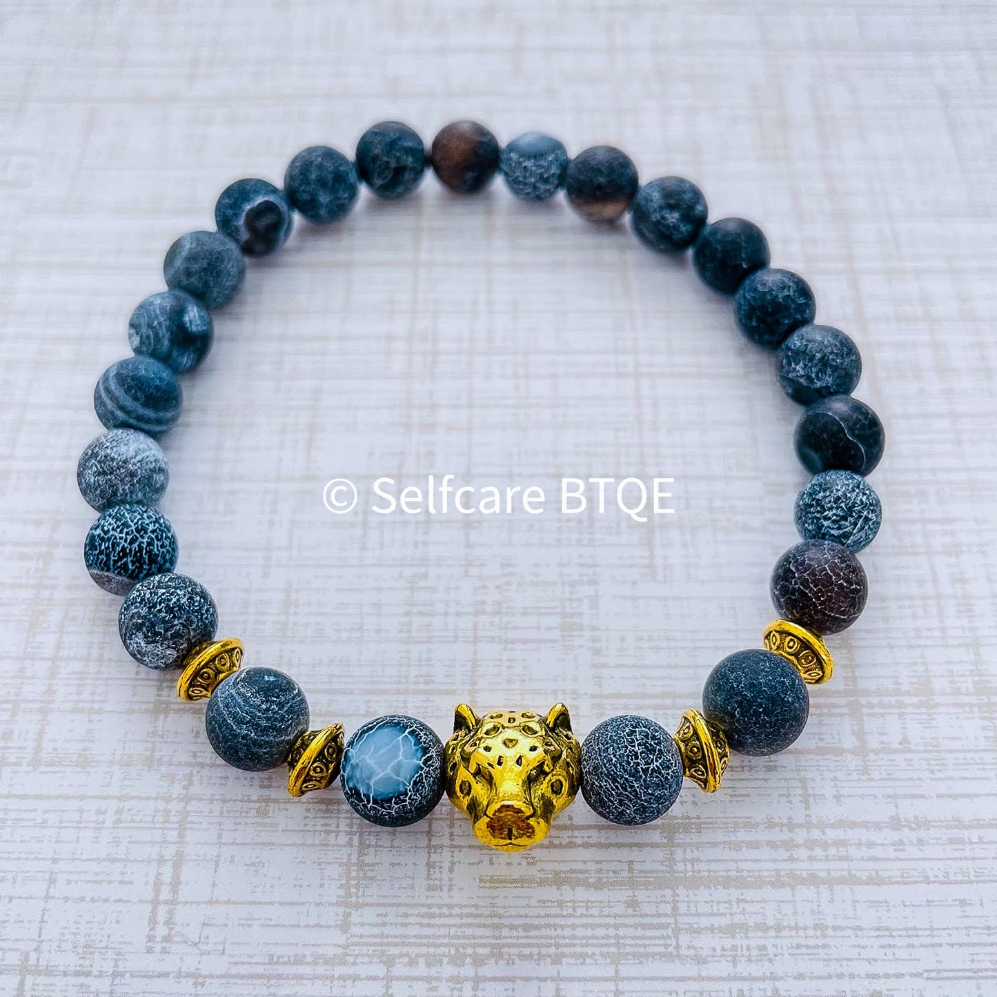 Tibetan Leopard with Dark Blue Weathered Agate Stones | 8mm