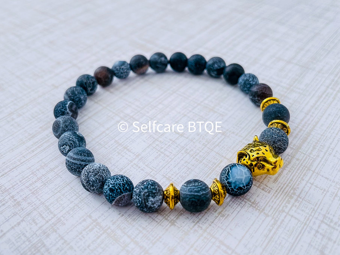 Tibetan Leopard with Dark Blue Weathered Agate Stones | 8mm