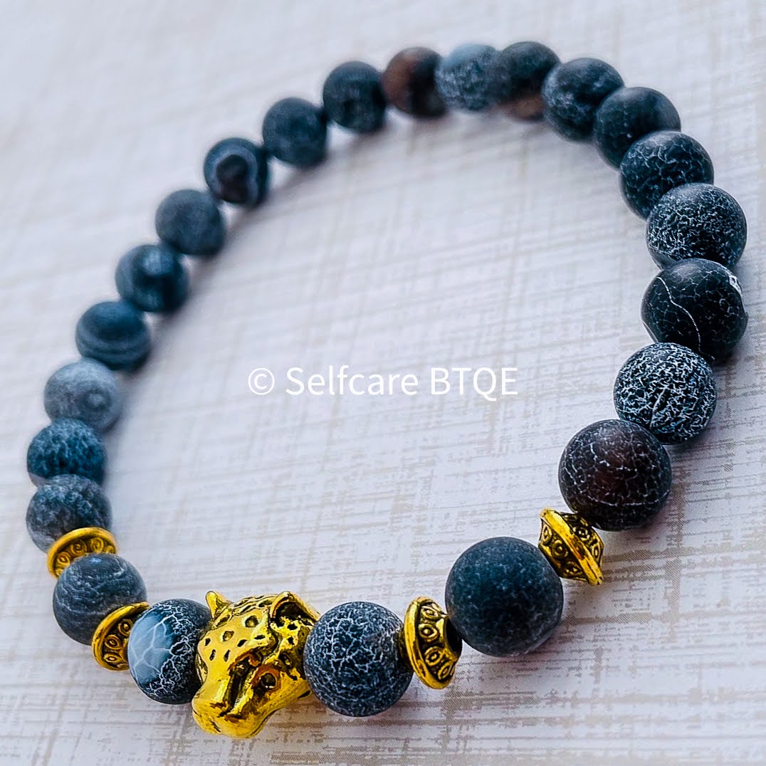 Tibetan Leopard with Dark Blue Weathered Agate Stones | 8mm
