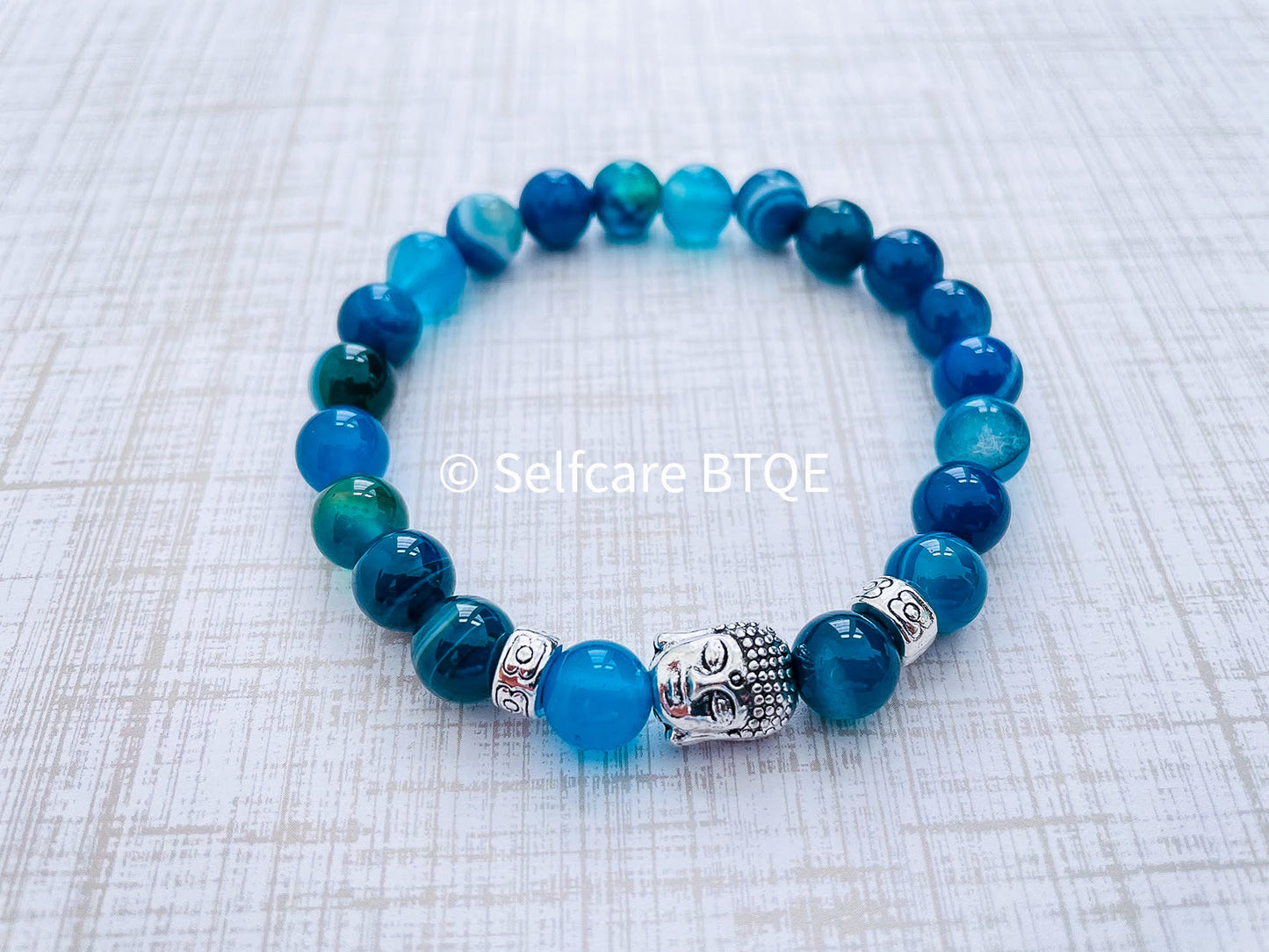 Buddha Head Bracelet in Majestic Blue Banded Agate Stones | 8 mm