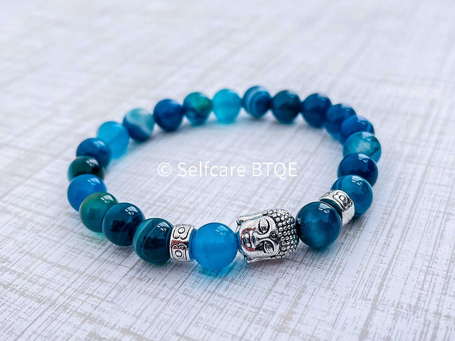 Buddha Head Bracelet in Majestic Blue Banded Agate Stones | 8 mm