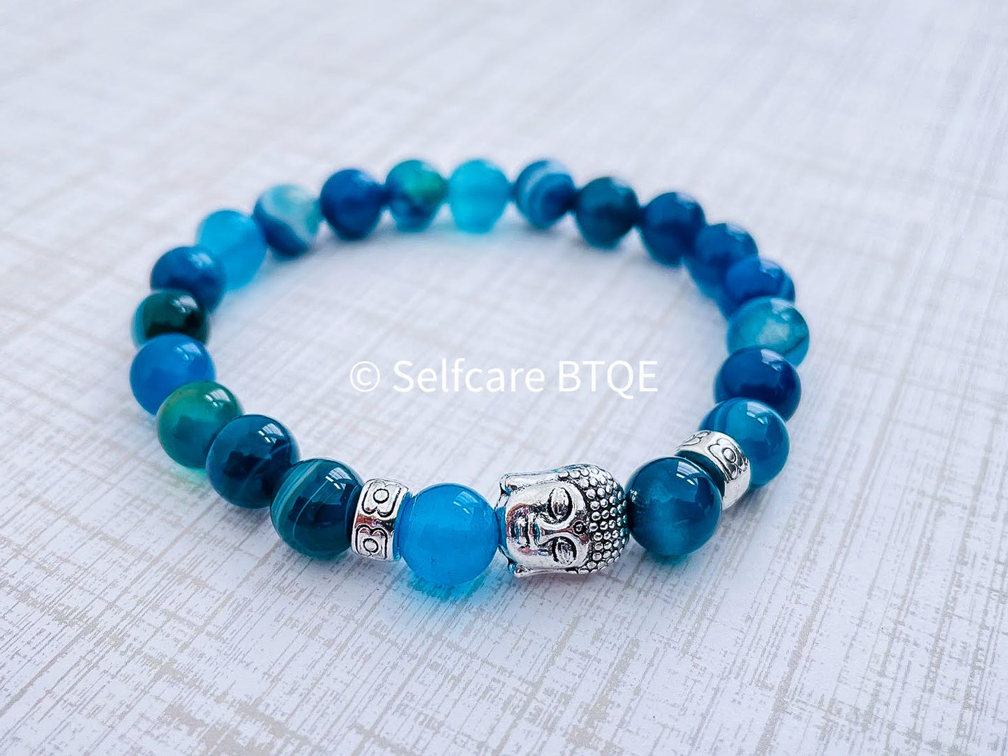 Buddha Head Bracelet in Majestic Blue Banded Agate Stones | 8 mm