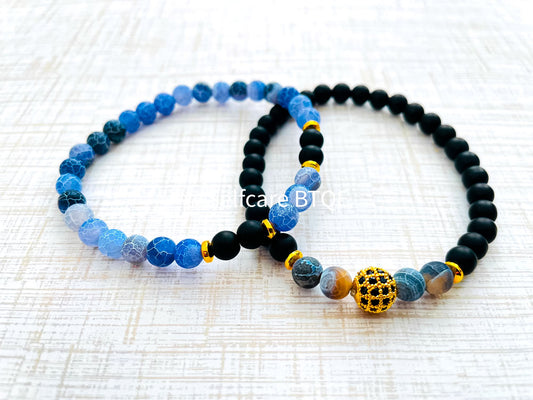 Onyx and Dark Blue Weathered Agate Stones Bracelet | 4mm